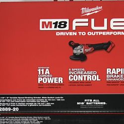 Milwaukee M18 Fuel 4-1/2”-5” Variable Speed Braking Grinder. Slide Switch, Lock On. Tool Only. Model #2889-20