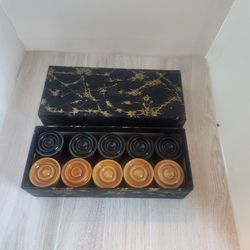 Vintage Wooden Checker Set In Original Box