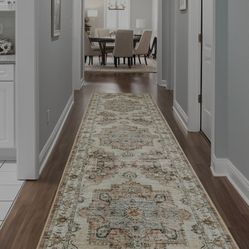 Washable Runner Rug 2′x12′,  Floral Carpet (Beige)
