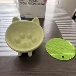 Green ceramic slow feeding bowl for dog or cat