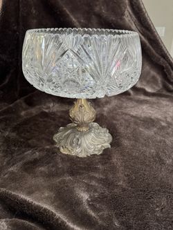 Vintage Crystal Compote Bowl Pedestal Brass 