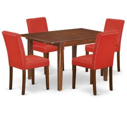 Expandable Wooden Table with Red Leather Chairs
