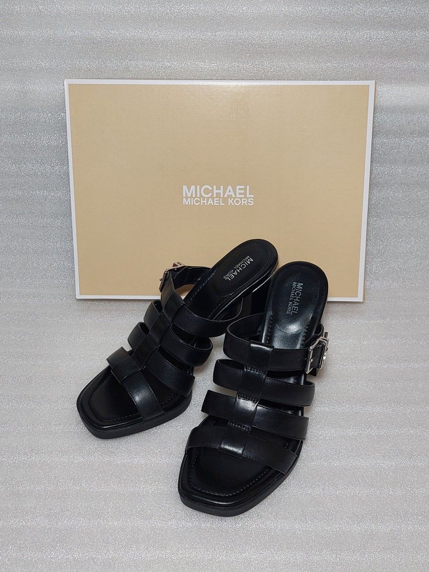 Michael Kors Sandals Heels Slides. Black Silver. Brand New In Box. Size 8.5 Women's Shoes. Authentic