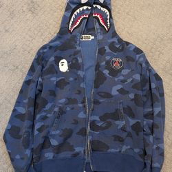 BAPE × PSG Shark full zip hoodie a bathing ape blue camo Size L