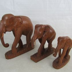 African Elephant Family/Herd Of 3 Hand Crafted Wooden Sculptures


