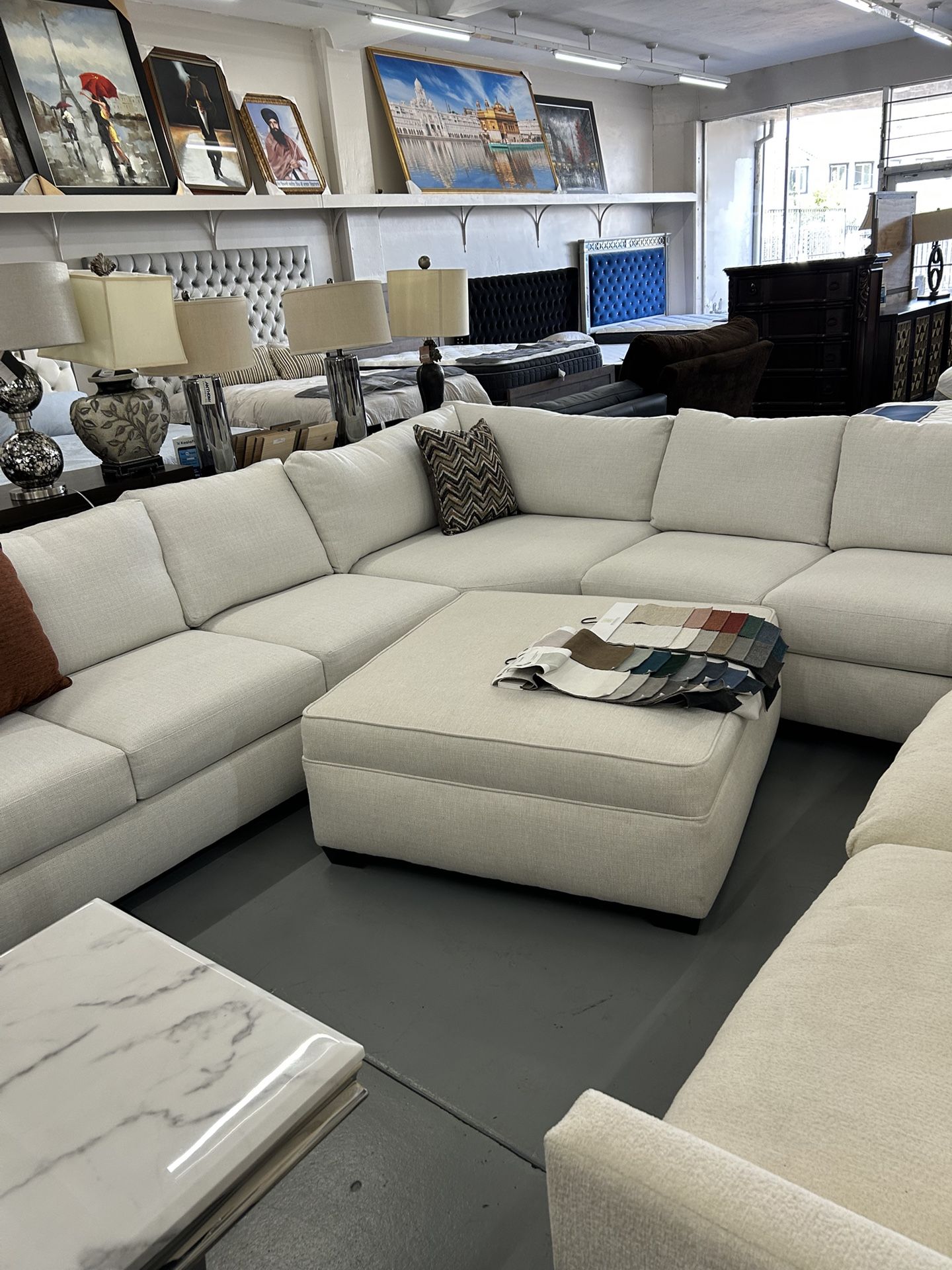 White Sectional With Ottoman 