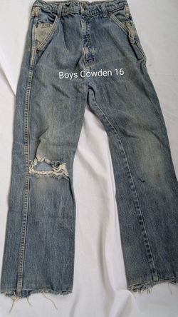 Boys Vintage Cowden Denim Blue Jeans 16 Rip In Front 26x25 Raggit On Bottoms. Just Old Worn