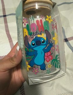 New Disney Stitch 16 oz Glass Tumbler with Bamboo Lid & Straw
