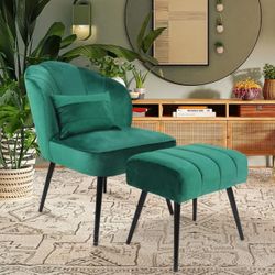 ECOMEX Velvet Accent Chair with Ottoman,Modern Armless Chair with Footrest Living Room Makeup Chairs,Single Sofa Chair for Bedroom Makeup Room Dining 