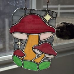 Handmade Stained Glass Hanging Pane - Mushroom and Stars