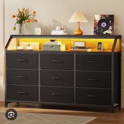 Bedroom 9 Fabric Drawers Chest with Power Outlet LED Ligh -RUSTIC COLOR -