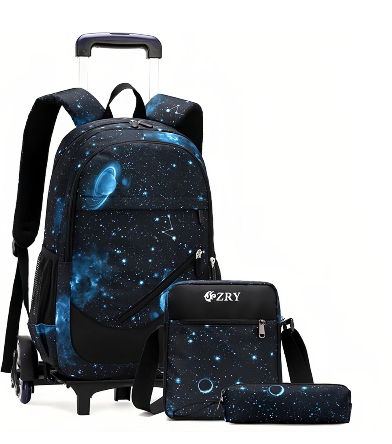 3Pcs Black Galaxy Primary Middle School Bag Rolling Backpack Set for Elem Boys