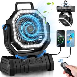 BRAND NEW 20000mAh Rechargeable Portable Cordless Fan with LED Light, Remote, 4 Speeds Wind, Timer, USB C, 360° Hanging Hook for Travel Tent, Camping 