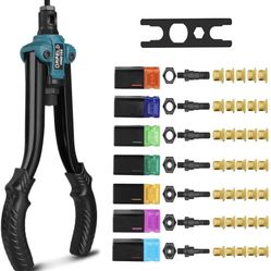13" Basic Rivet Nut Tool. Handheld Set with 7 Compatible Metric & SAE Mandrels, with 35pcs Rivet Nuts
