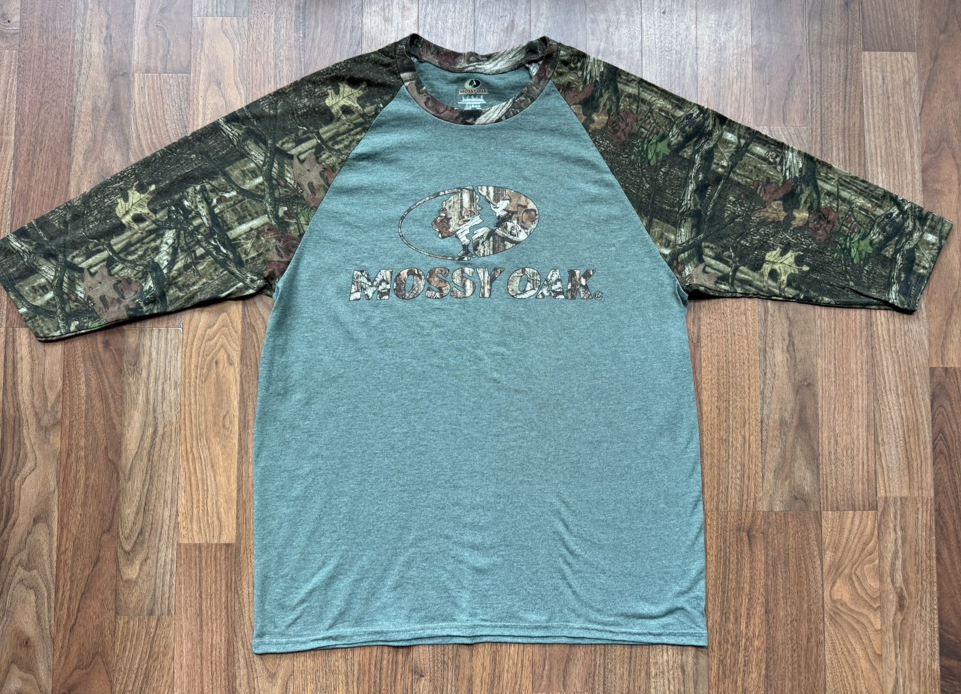 Mossy Oak Shirt Mens LRG Green Camo Raglan 3/4 Sleeve Baseball Hunting Crewneck