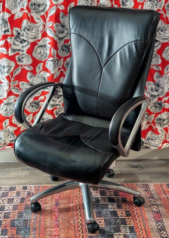 Office Chair Solid Metal & Black Leather Reclining & Adjustable Height