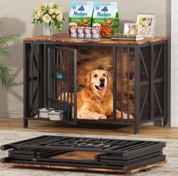 Heavy Duty Dog Crate Furniture with Tabletop & Feeding Bowls – 41”
