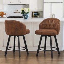 26 in.Brown Faux Leather Upholstered Swivel Bar Stool with Metal Frame Nailhead Counter Barstool Set of 2