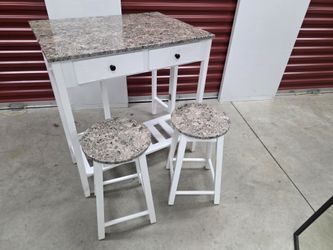 Small 3-Piece Kitchen Island Table Set with 2 Stools - White / Faux Granite