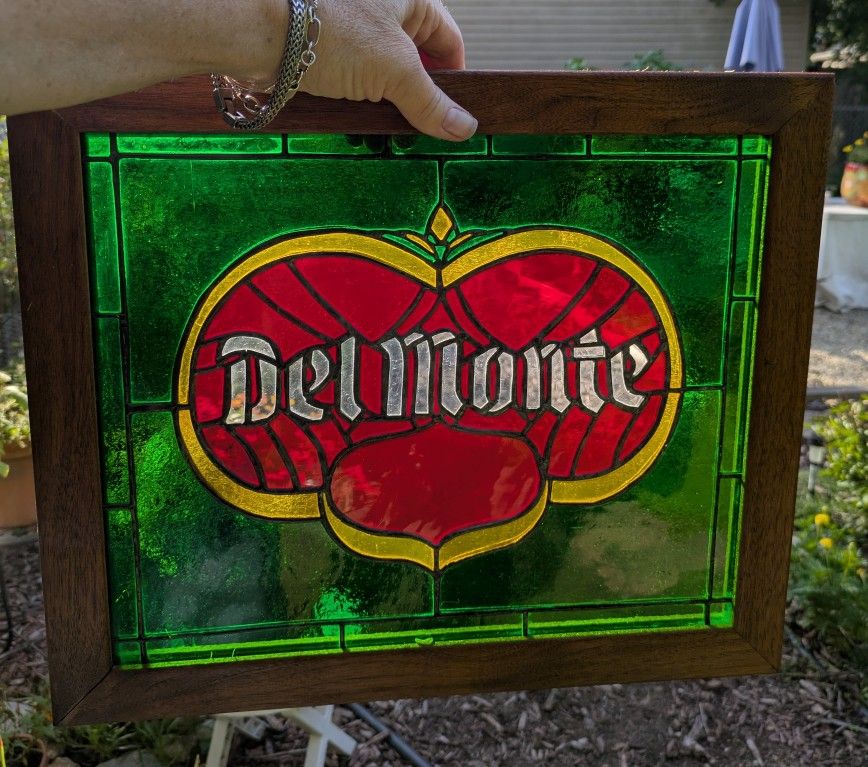 Unique Vintage Leaded Stained Glass Del Monte Wood Framed Wall Window Art