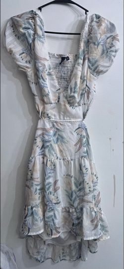 white and blue floral short maxi dress with ruffles, worn once