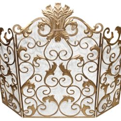 ACANTHUS LEAF THREE PANEL FIREPLACE SCREEN WITH ANTIQUE GOLD FINISH