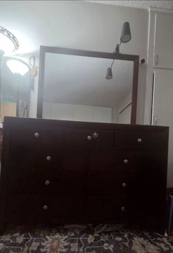 Dark Brown Dresser with Mirror 9 Drawers