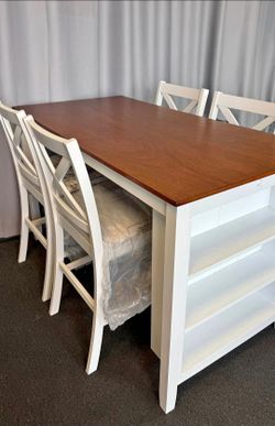 Farmhouse 5-Piece White and Walnut Wood Top Counter Dining Table Set Seats-4 with 3-Tier Side Shelves, 4-Counter Chairs
