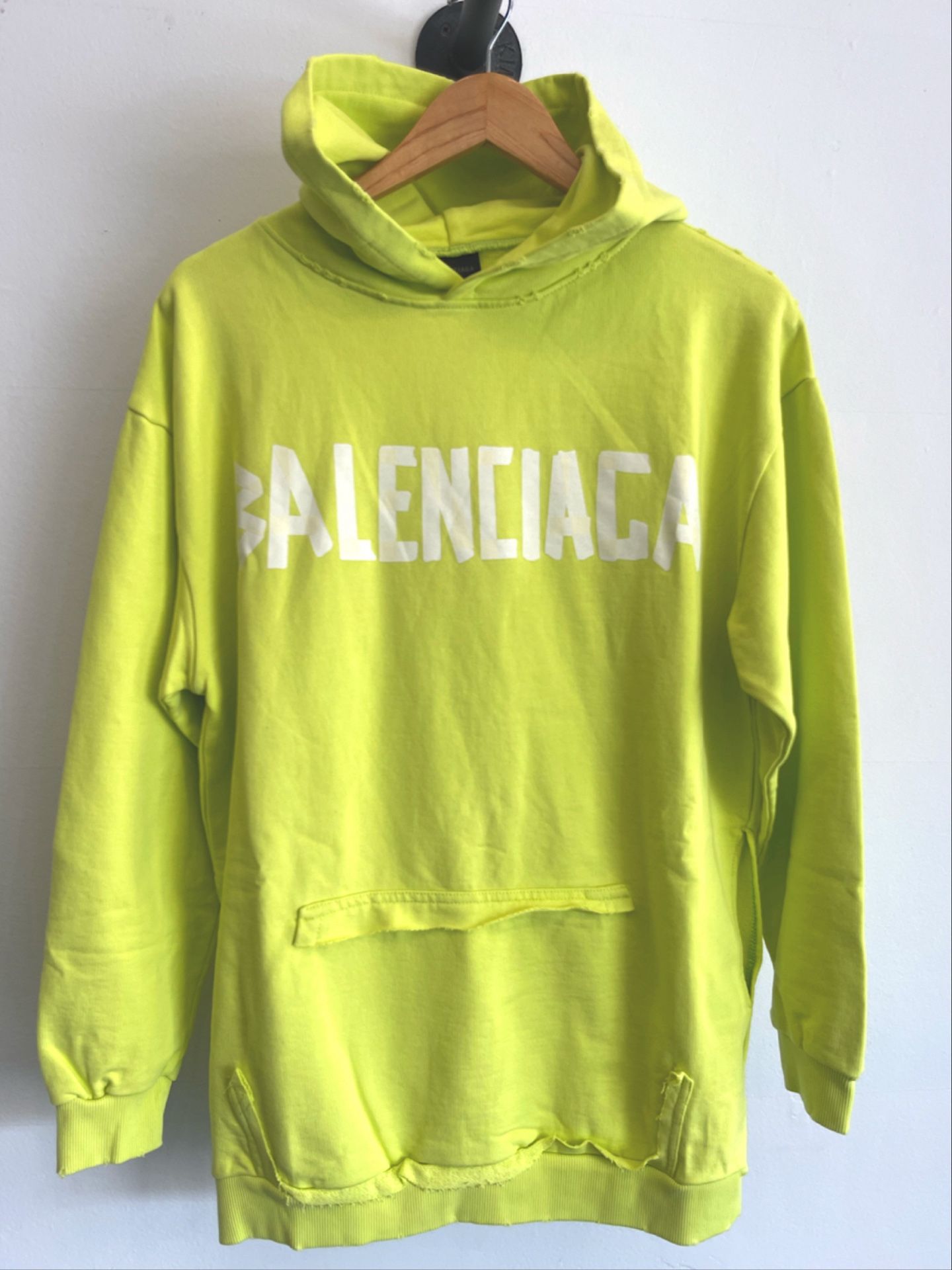 BALENCIAGA Yellow Tape Type Ripped Pocket Hoodie