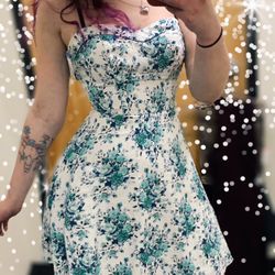 White And Blue Floral A Line Dress 