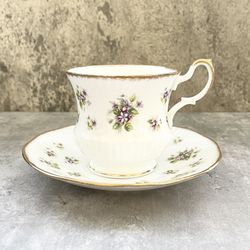 Vtg Royal Minster Purple Floral Tea Cup Saucer Fine Bone China England c1960