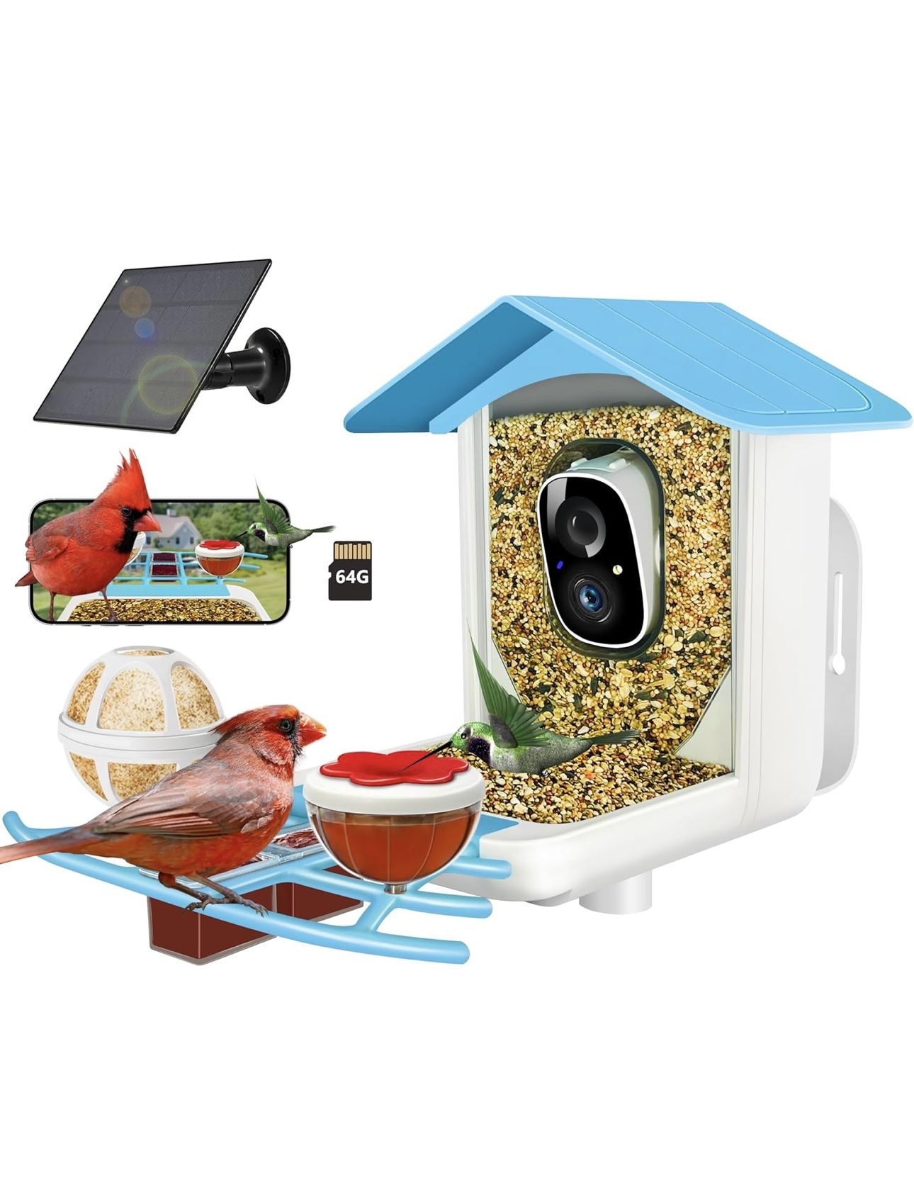 64 GB Smart Bird Feeder With Camera Solar Powered, 2.4G WiFi, Outdoor