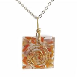Genuine citrine and red carnelian copper orgonite pendant on silver necklace new 