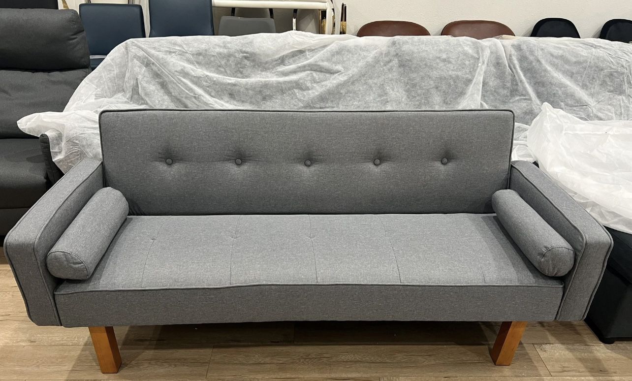 70”Linen Square Arm Futon Convertible Sleeper Sofa, Button Tufted, 2 Pillows, Dark Gray