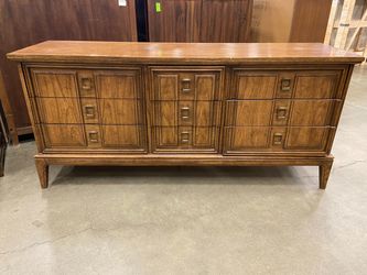 Vintage 70’s English Walnut 9 Drawer Dresser with Brass Pulls and Tapered Legs