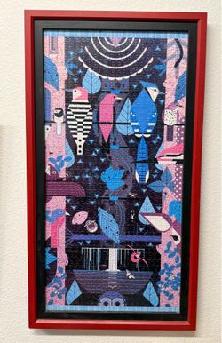 Modern Framed Colorful Bird Puzzle Art, Red frame- 21" x 17"