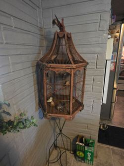 Antique Bird Cage Wire and Wood Vintage Great Shape Victorian Rare with stand