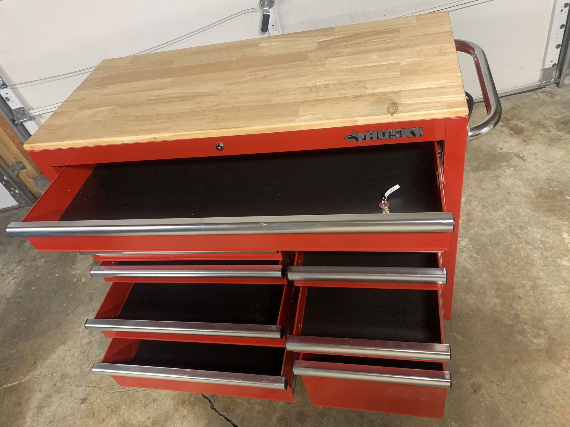 Husky Rolling Tool With Wood Top And Power Strip for Sale