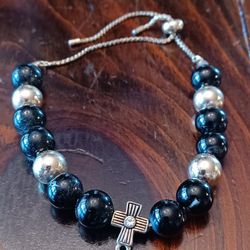 Black Onyx Rosary Bracelet/ Cross