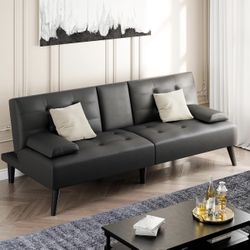 64" Futon Sofa Bed, Leather Foldable Futon Couch, Reclining Sleeper with Removable Armrests, Upholstered Loveseat Sofa Couch with Folding Cup Holders 