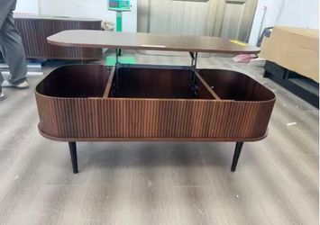 Fully Assembled Fluted Lift Top Coffee Table with Hidden Compartment, Wooden Center Table