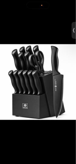 15-Piece Kitchen Knife Set with Block, Self-Sharpening, Dishwasher Safe Knives & Anti-Slip Handles (Black)
