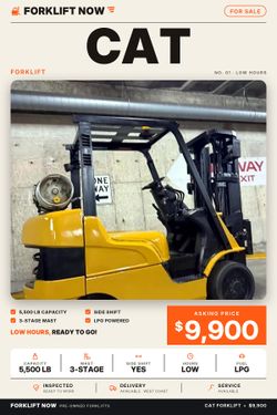 CAT forklift 5500 lb, 3 stage, side shift LOW HOURS