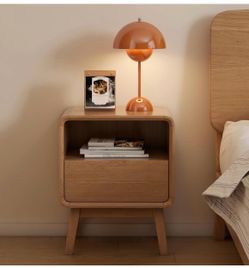 Solid Oak Wood Nightstand with Drawer & Open Shelf, Small Natural Wood Nightstands, Mid Century Modern Night Stand with Drawer & Open Storage, Light O