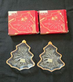 2 Vtg Mikasa Christmas Tree Glass Sweet Dish -Gold Trim-Original Box- 5"x4.75"