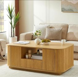 46.5'' Fluted Coffee Table with Storage for Living Room,Modern Oval Center Table with 2 Drawers,Open Shelf & 2 Compartments,Living Room Table with Cur
