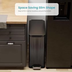 12 Gallon Slim Kitchen Trash Can with Soft Close Lid, Step Pedal, Bag Tuck Band, and Removable Liner, Stainless Steel, Black 45l