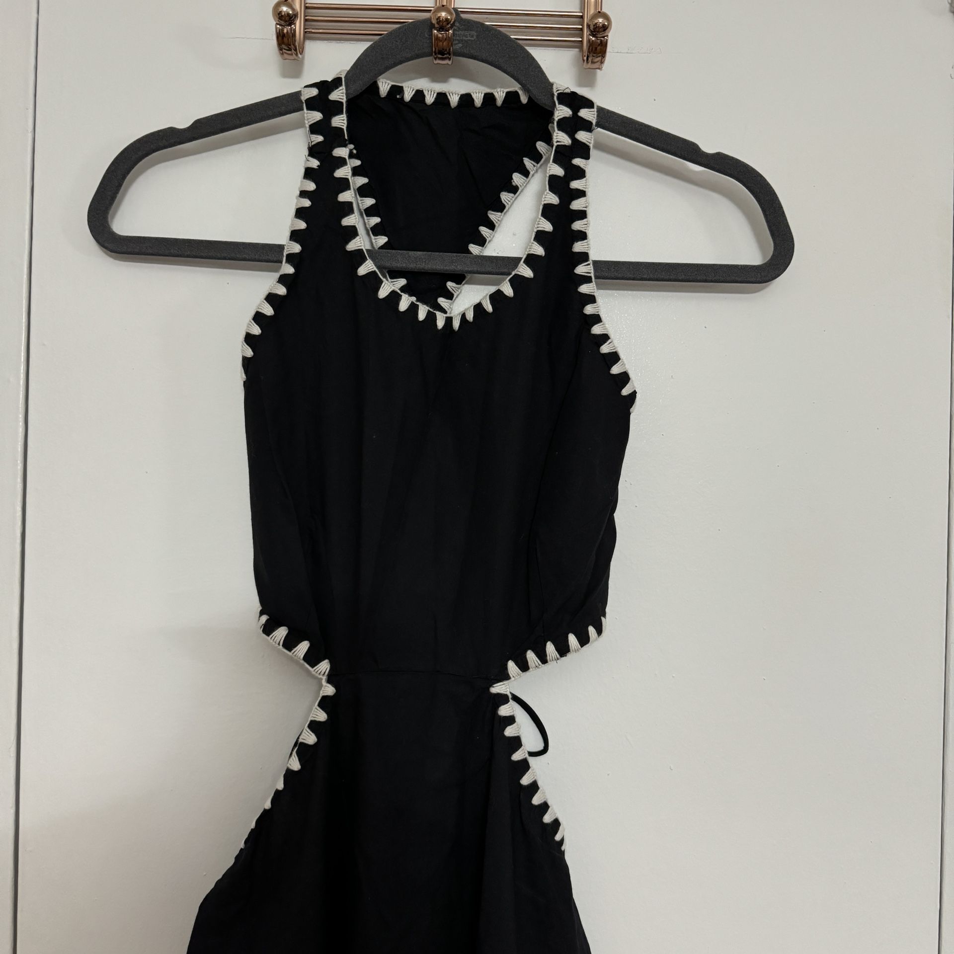 NWT NEW Stradivarius Cotton Cut-Out Black Dress with Contrast Stitch XS