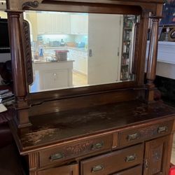 Beautiful Antique Hutch / Dresser With Beveled Mirror 