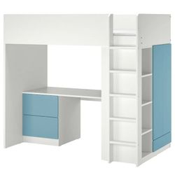 Loft bed, white blue/with desk with 3 drawers, Twin